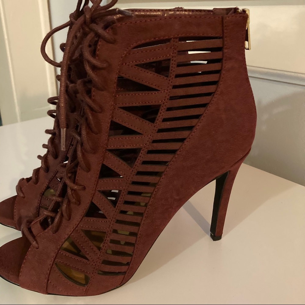 Wine Lace Up Heel Booties